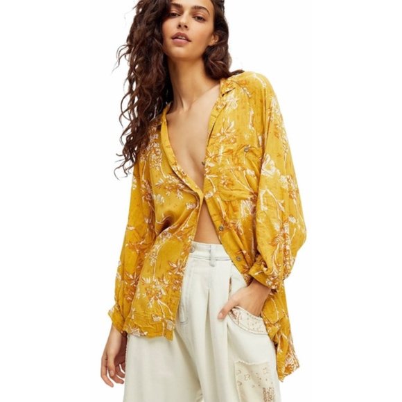 Free People Tops - Free People We the Free "It's A Vibe" Yellow Lagenlook Long Sleeve Shirt Medium